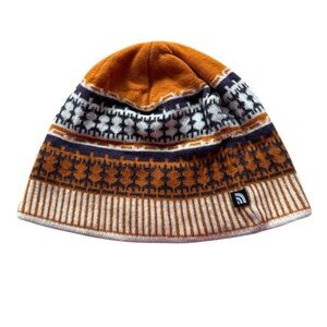 VTG The North Face Orange and White Designed Knit Beanie Unisex Winter Hat